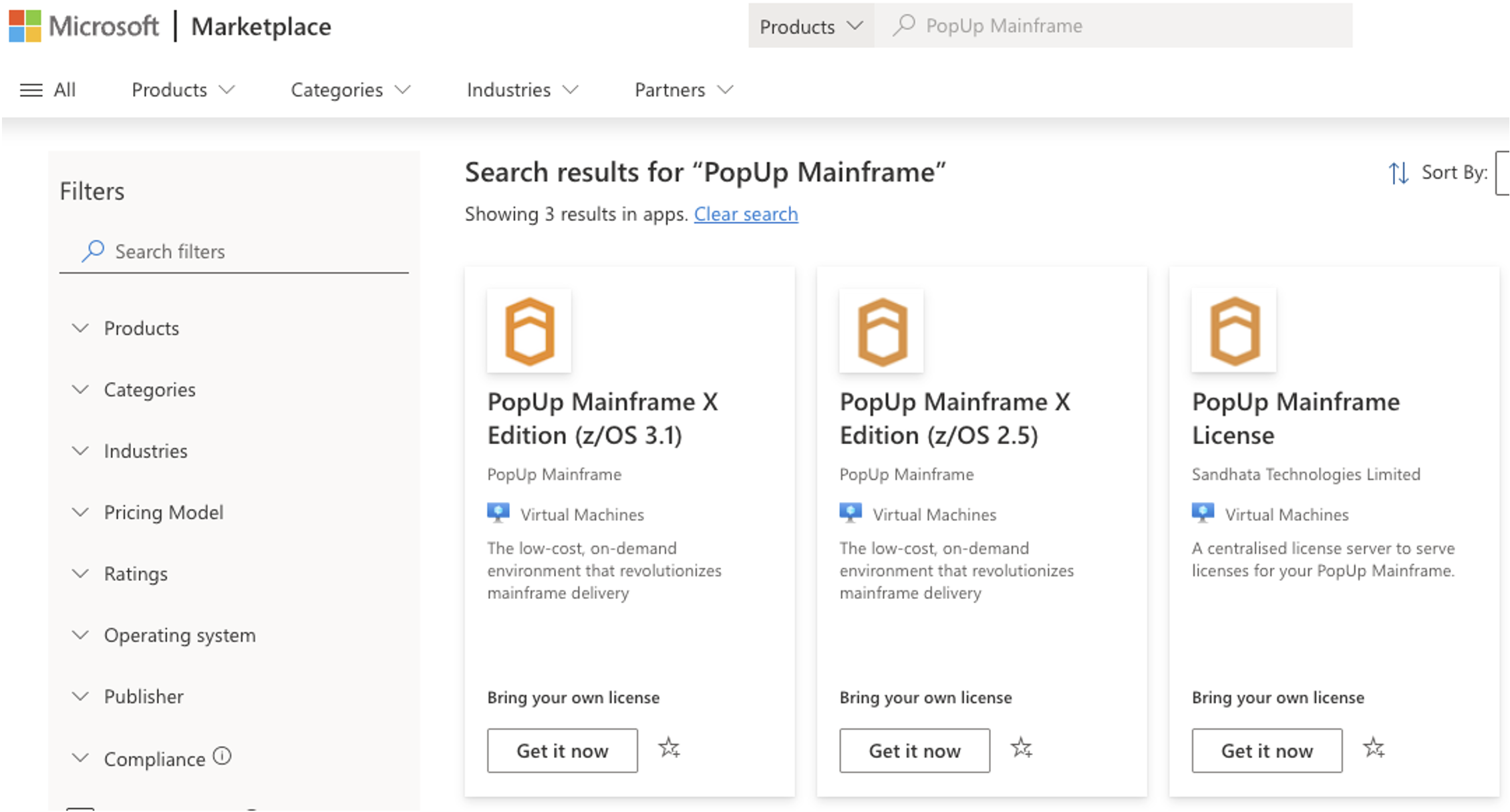 screenshot of Azure marketplace with 3 PopUp Mainframe offerings shown