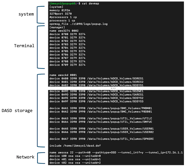 screenshot of a devmap file from command line, showing each different stanza described above